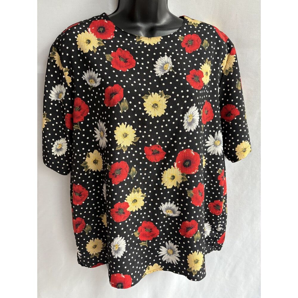 Vintage Fashion Attitudes Polka Dot Black Floral Top Size XL Romantic Retro 80s